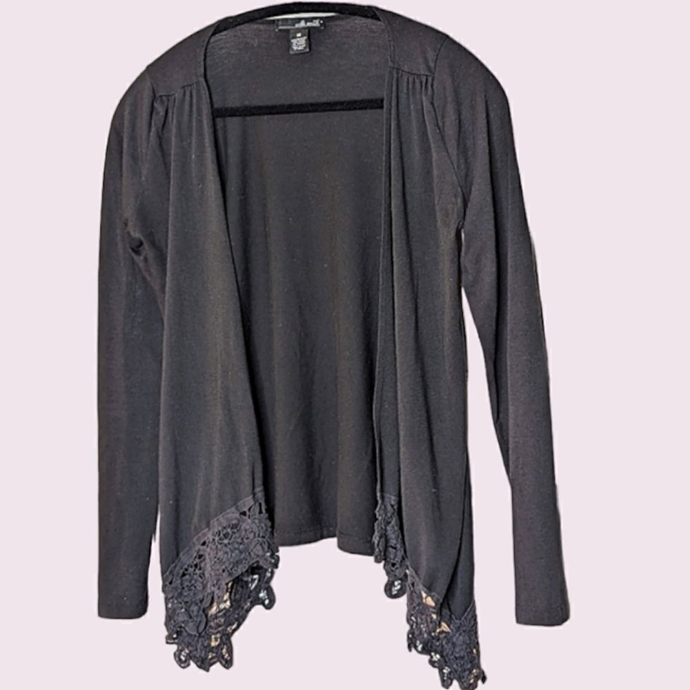 willi smith Black Lace Trimmed Waterfall Long Sleeve Open Cardigan size M